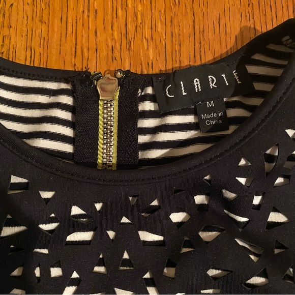 Clarte Cocktail Dress Black Laser Cut Mesh Striped Neiman Marcus Size M - Picture 4 of 12